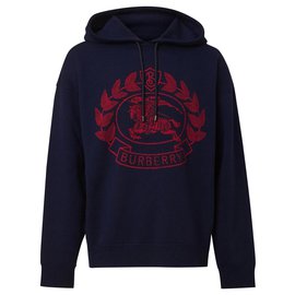 Burberry-burberry Mixed merino wool jacquard hoodie with badge-Red,Blue