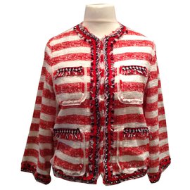 D&G-Red Striped Tweed Jacket-White,Red,Navy blue