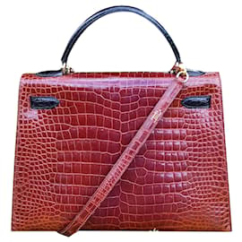 Hermès-Sac à main Hermès Kelly 32 Sellier Vintage Bicolore Etrusque et Noir crocodile-Marron clair