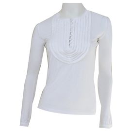 Céline Langarm T-Shirt Weiß Viskose & Casmere Größe S KLEIN Weiß