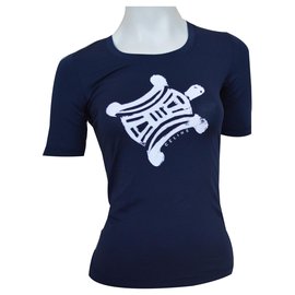 Céline-CELINE Navy Blue T-Shirt Top Size S SMALL-White,Navy blue