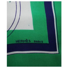 Hermès-Carré Hermès rare vert et bleu 90cm " Ex-libris "-Blanc,Bleu,Beige,Vert,Vert olive,Blanc cassé,Bleu Marine,Vert clair,Vert foncé,Bleu foncé
