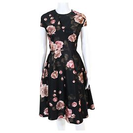 Rochas Satin-Kleid mit Rosenmuster Schwarz Pink