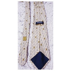Chanel-Silk chanel tie-Grey,Mustard,Eggshell