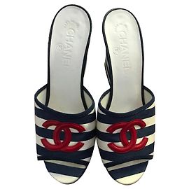 Chanel Cruise Sandals White Navy Blue Cloth 37 White Navy blue