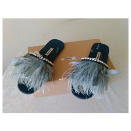 Miu Miu-MIU MIU Sandálias com penas e cristais-Azul