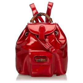 Gucci-Gucci Red Bamboo Patent Leather Drawstring Backpack-Red