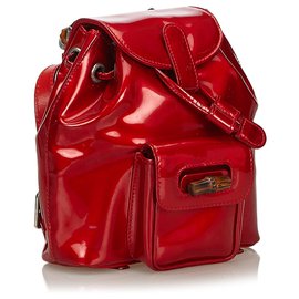 Gucci-Gucci Red Bamboo Patent Leather Drawstring Backpack-Red