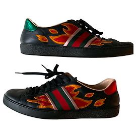 Baskets Gucci Ace Flames en cuir noir et rouge Noir Rouge