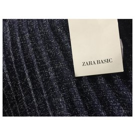 Zara-Jupe plissée en tweed midi-Bleu Marine