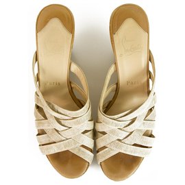 Christian Louboutin-Christian Louboutin Beige Strappy Cork Platform Wedges Slingback Anckle Strap 37-Beige