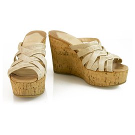 Christian Louboutin-Christian Louboutin Beige Strappy Cork Platform Wedges Slingback Anckle Strap 37-Beige