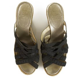 Christian Louboutin-Christian Louboutin Black Strappy Cork Platform Wedges Slingback Anckle Strap 37-Black