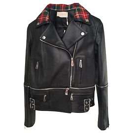 Christopher Kane Black Leather Tartan Collar Zip Biker Leather Jacket Black Multiple colors