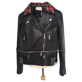 Christopher Kane Leather Tartan Collar Zip Biker Leather Jacket Black Multiple colors