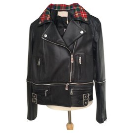 Christopher Kane-Leather Tartan Collar Zip Biker Leather Jacket-Black,Multiple colors