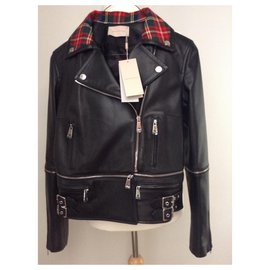 Christopher Kane-Leather Tartan Collar Zip Biker Leather Jacket-Black,Multiple colors