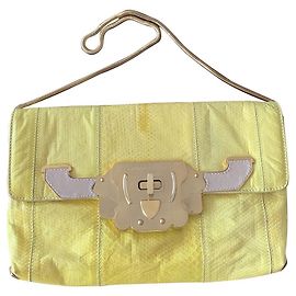 Karine Arabian Borsa a serpente d'acqua gialla e beige, Fermaglio dorato arabo Karine Beige Giallo