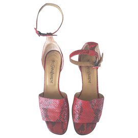 Yves Saint Laurent-Rectangular heel sandals with ankle tricks.-Black,Red