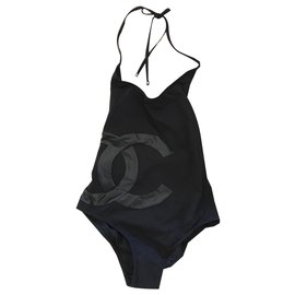 Chanel-CHANEL Coco Beach Preto CC Logo One-Piece Tamanho Swimsuit 34-Preto