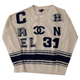 Chanel-Varsity Iconic Logo Pullover Sweater Size 34-Beige