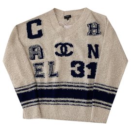 Chanel Varsity Iconic Logo Pullover Pull Size 34 Beige