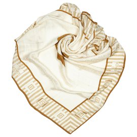 Fendi-Fendi White Printed Silk Scarf-Brown,White,Cream,Light brown