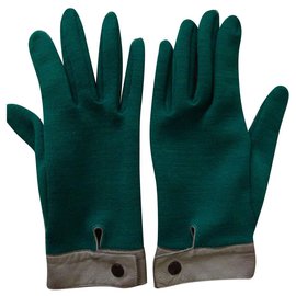 Autre Marque Luvas de Jersey Verde e Couro Bege Verde escuro