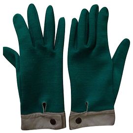 Autre Marque Green Jersey and Beige Leather Gloves Dark green