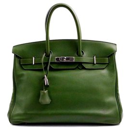 Hermès-Bolso HERMES BIRKIN 35 piel de becerro perenne verde oliva Cuadrado M metal plateado-Verde