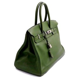 Hermès-Bolsa HERMES BIRKIN 35 verde-oliva Evergreen bezerro couro Quadrado M prata metal-Verde