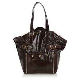 Yves Saint Laurent Bolso tote centro de charol marrón YSL Castaño Marrón oscuro