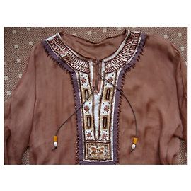 Autre Marque Silk Tunic Brown with Oriental Embroidery Brown