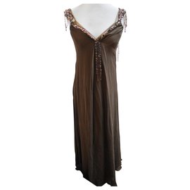 Antik Batik-Nova seda marrom Antik Batik 2camada de vestido longo. S-Marrom