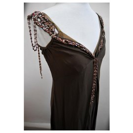 Antik Batik-Nova seda marrom Antik Batik 2camada de vestido longo. S-Marrom