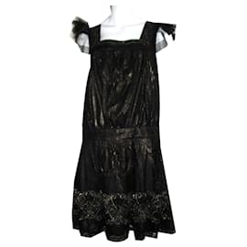 Anna Sui-Vestido de Renda Fleur-Preto,Dourado
