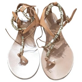 Ancient Greek Sandals-Sandalias griegas antiguas sandalias de cuña con cuentas doradas-Beige