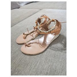 Ancient Greek Sandals-Ancient greek sandals gold beaded wedge sandals-Beige