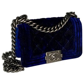 Chanel-Boy Mini Velvet con caja-Azul,Azul oscuro