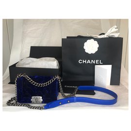 Chanel-Boy Mini Velvet con caja-Azul,Azul oscuro