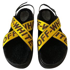 Off White Leather and fur sandals Black
