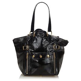 Yves Saint Laurent YSL Black Patent Leather Downtown Tote Bag Black