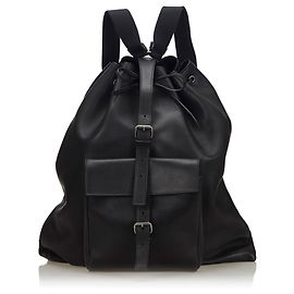 Yves Saint Laurent YSL Black Leather Drawstring Backpack Black