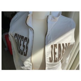 Guess-Sweatshirt blanc avec inscription bronze, et fermeture éclair, taille M-Blanc,Bronze