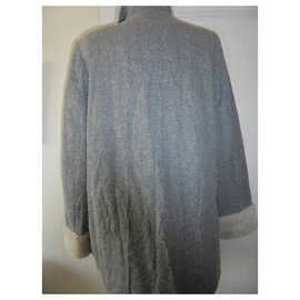 Cop Copine-BEAUTIFUL THREE QUARTER COAT IN WOOL FROISSEE COLLAR AND SLEEVES FALSE FURRIDE-Grey