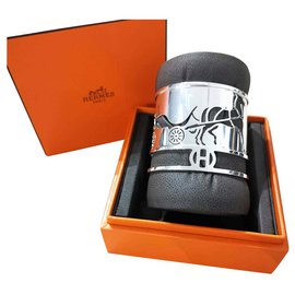 Hermès-Hermes Large silver Caleche bracelet cuff-Silvery