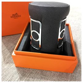 Hermès-Hermes Large silver Caleche bracelet cuff-Silvery