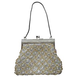 VINTAGE ▾ 1950s BORSA DA SERA CON PERLINE E PAILLETTES Argento Bianco D'oro