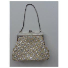 Vintage-vintage 1950s BEADS AND SEQUINS EVENING BAG-Silvery,White,Golden