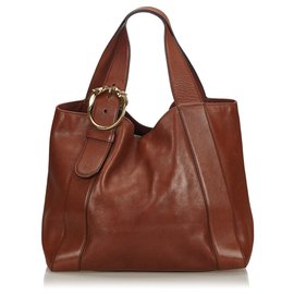 Gucci-Gucci Brown Leather Ribot Horse-Head Tote Bag-Brown,Dark brown